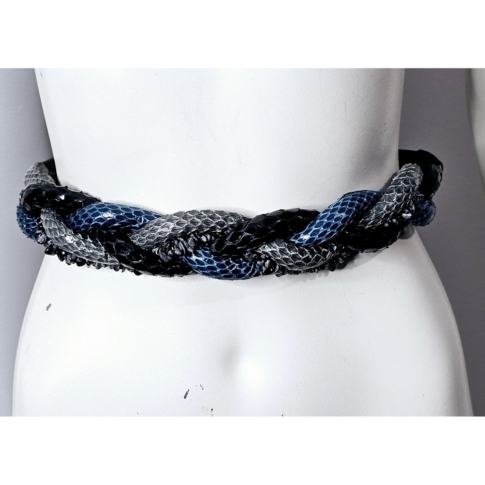 Vintage 1980s Leather Rope Belt, Braided Belt, Snakeskin, Beaded, Blue and Black
